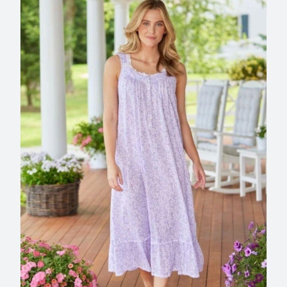 Eileen West Lavender Floral Print Cotton and Modal Nightgown M Maxi Sleep Dress